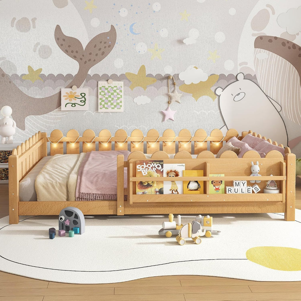 Bellemave Queen Size Floor Bed with Rails and Slats, Queen Size Montessori Floor Bed with Bookshelf, Fence and Lights, Low Profile Montessori Beds Frame for Girls, Boys, Light Natural