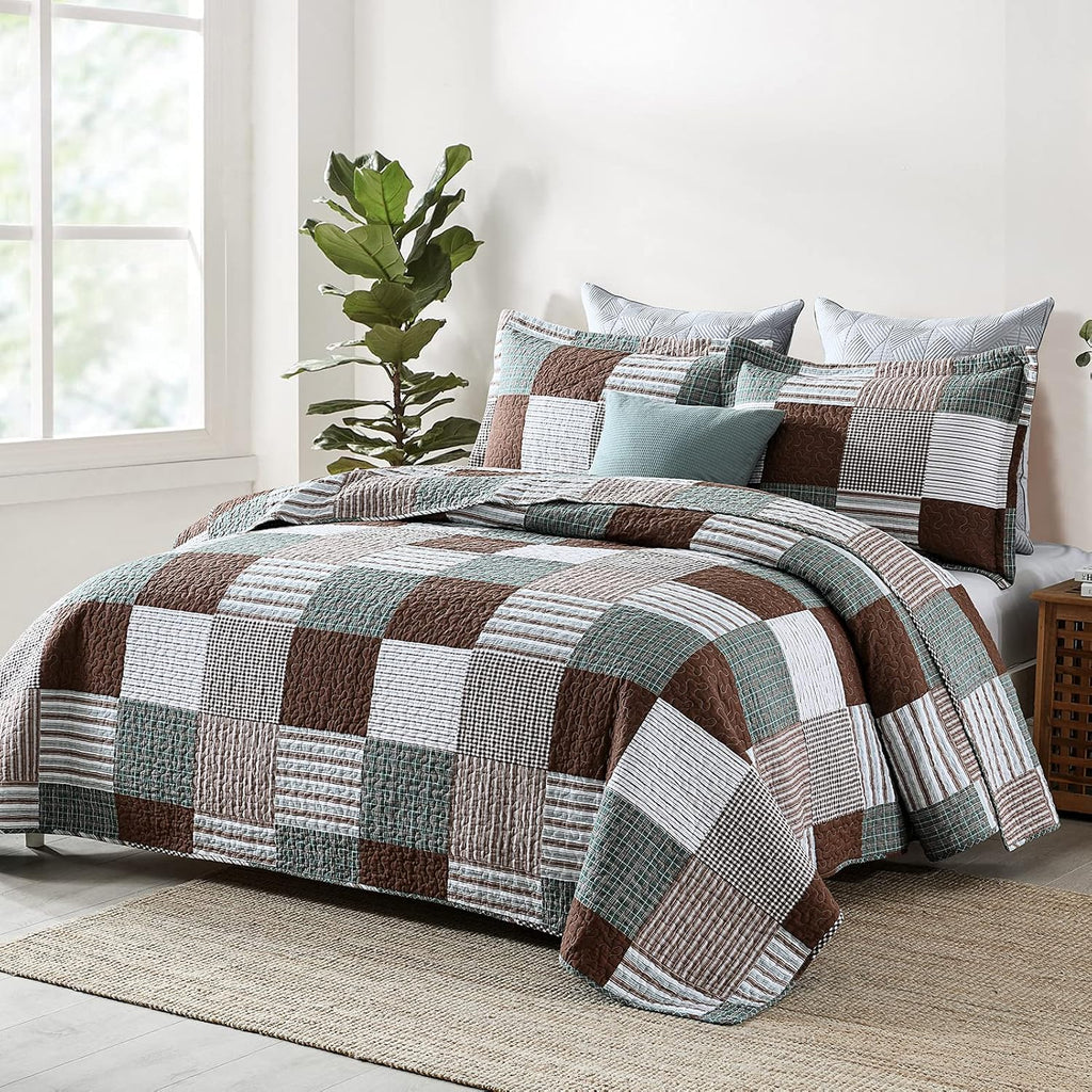 Finlonte Quilt King Size - 100% Cotton King Size Comforter Set Brown Green White Plaid Farmhouse Quilt Bedding Set, Reversible Lightweight Soft Bedspread, Quilted Coverlet All-Season, 3-Piece