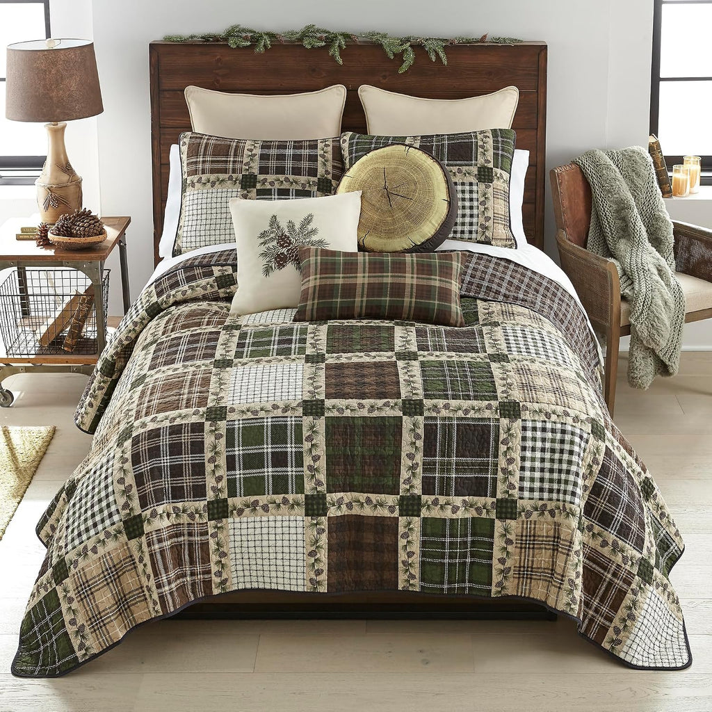 Donna Sharp Twin Bedding Set - 2 Piece - Pine Patch Cotton Quilt and One Standard Size Pillow Sham - Machine Washable - Perfect for Rustic Decor!