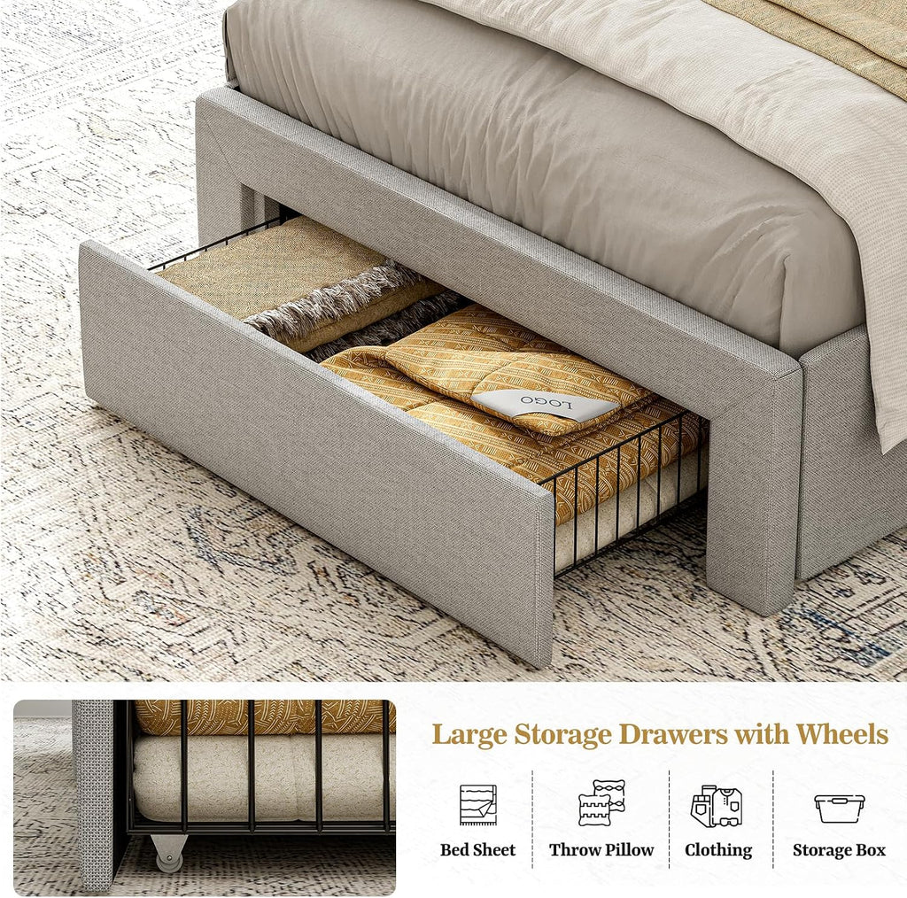 IKIFLY Twin XL Bed Frames with Hidden Storage Headboard & Drawers, Upholstered Twin XL Platform Bed with LED Lights & Charging Station, Solid and Stable, Noise Free, No Box Spring Needed, Light Grey
