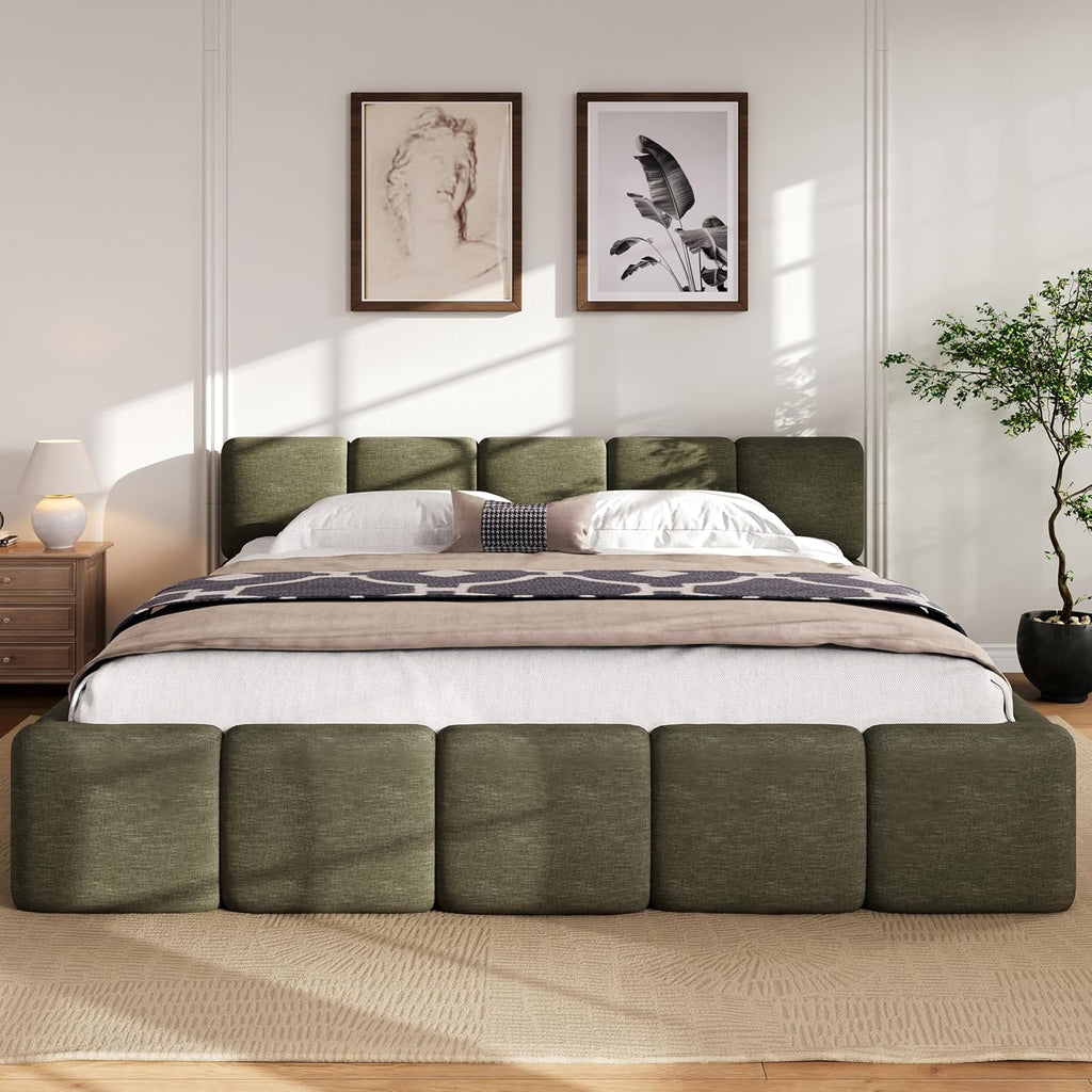 JIJIWANG California King Boucle Upholstered Platform Bed Frame, Linen Grounded Bed with Headboard and Footboard, Block Style Bed for Adults Kids Green