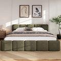 JIJIWANG California King Boucle Upholstered Platform Bed Frame, Linen Grounded Bed with Headboard and Footboard, Block Style Bed for Adults Kids Green