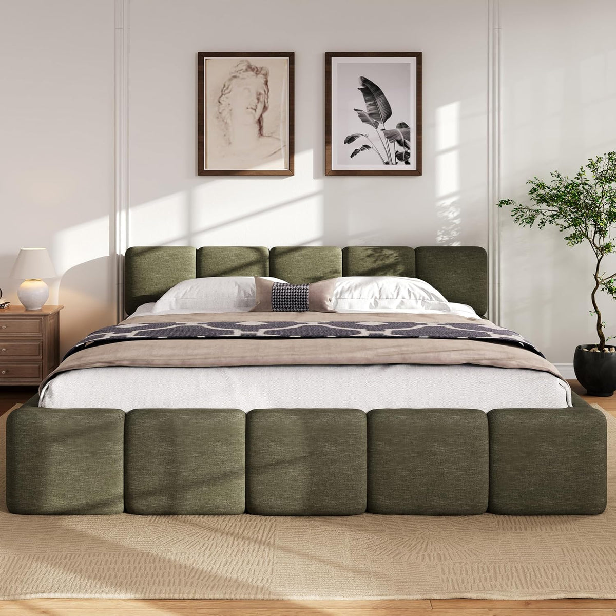 JIJIWANG California King Boucle Upholstered Platform Bed Frame, Linen Grounded Bed with Headboard and Footboard, Block Style Bed for Adults Kids Green