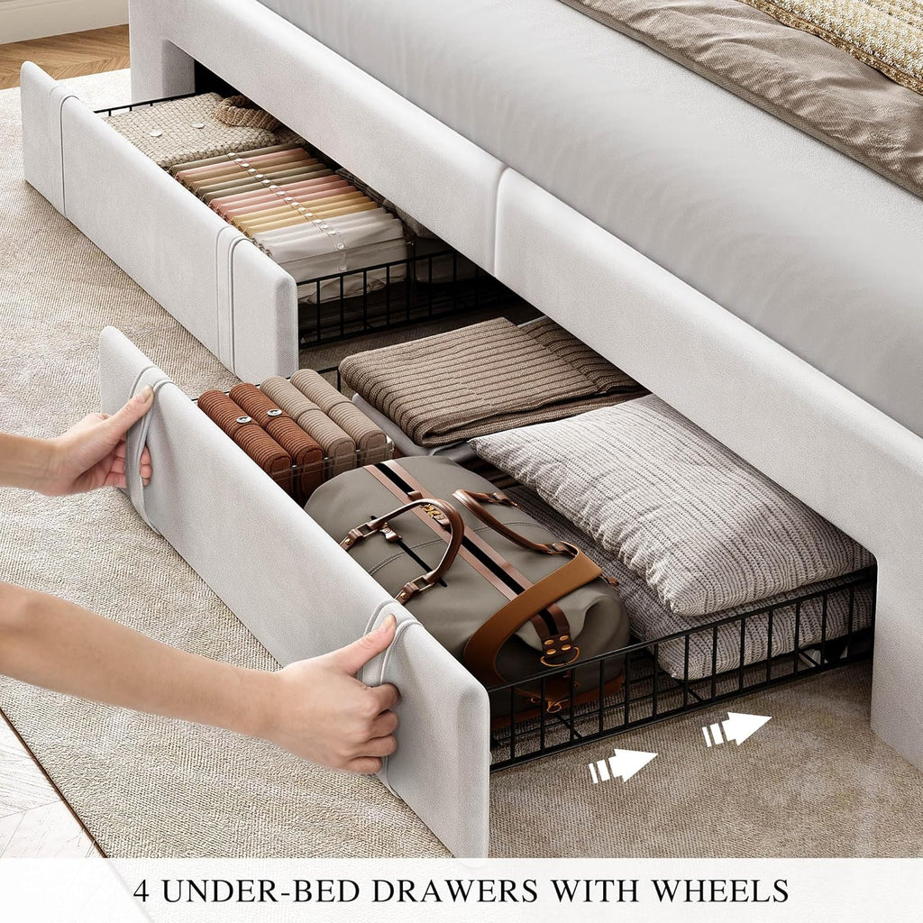 YITAHOME King Size Bed Frame with Adjustable Headboard, 4 Storage Drawers and RGB LED Lights, Velvet Upholstered Platform Bed with USB Ports, No Box Spring Needed, Fast Assembly, Noise-Free, White