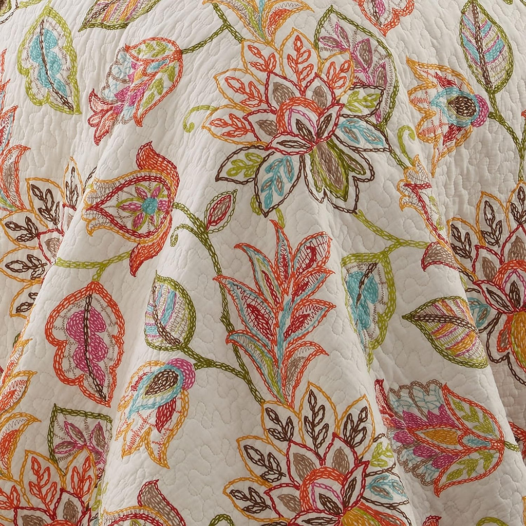 Levtex Home - Sophia Quilt Set - Full/Queen Quilt 88x92in. + Two Standard Pillow Shams 26x20in. - Floral - Orange, Yellow, Red, Green, Teal, and White - Reversible - Cotton Fabric