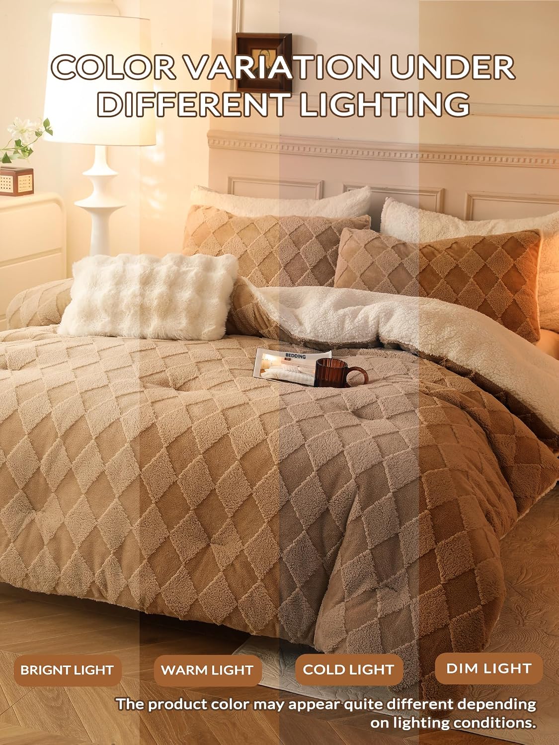 Tufted Fleece Comforter Set King - Super Soft Warm Fluffy Shaggy Bedding Sets, Diamond Plaid Jacquard Bed Set for Winter, 1 Sherpa Comforter with 2 Pillow Cases (104'X90' Beige)