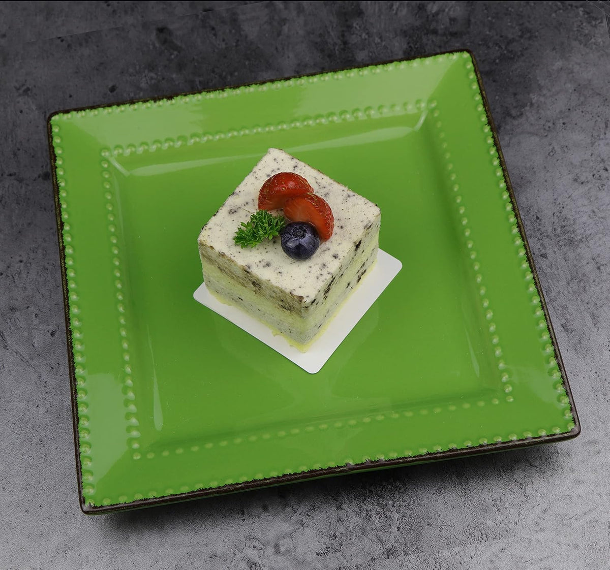 Stylish and Elegant 16 Piece Square Beaded Stoneware Dinnerware set Service for Hosting Parties and Events - Green, 16 Piece, Square Beaded