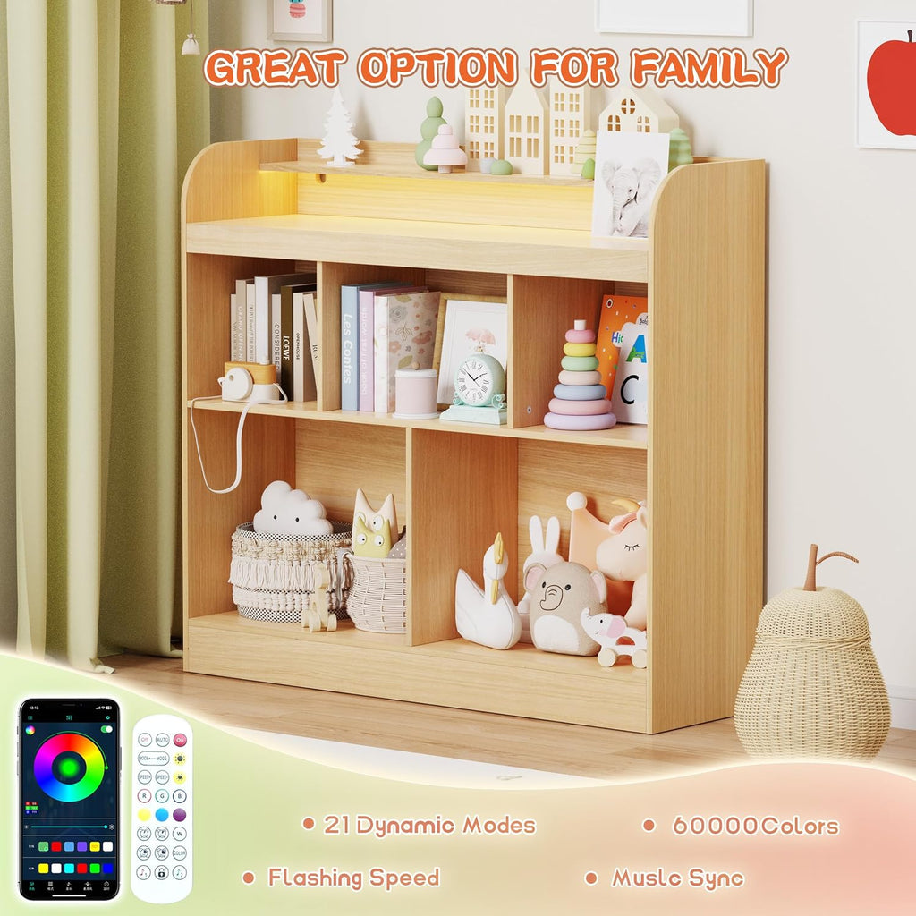 Lkeiyay Open Shelf Kids Bookcase,Montessori Toy Organizer with LED Lights - Oak Wooden Open Bookcase for Kids, Bedroom, Back to School,Playrooms & Nurseries