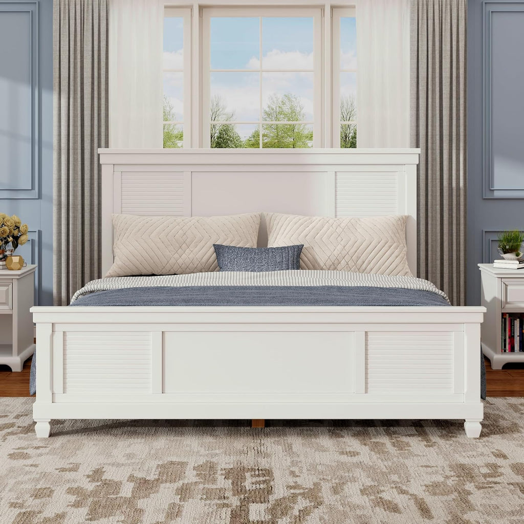 Merax Queen Size Bed Frame with Wood Headboard, Farmhouse White Platform Bed Frame with Sturdy Wooden Support Slats, No Box Spring Needed, Holds up to 800 Pounds, Noise-Free, Easy Assembly