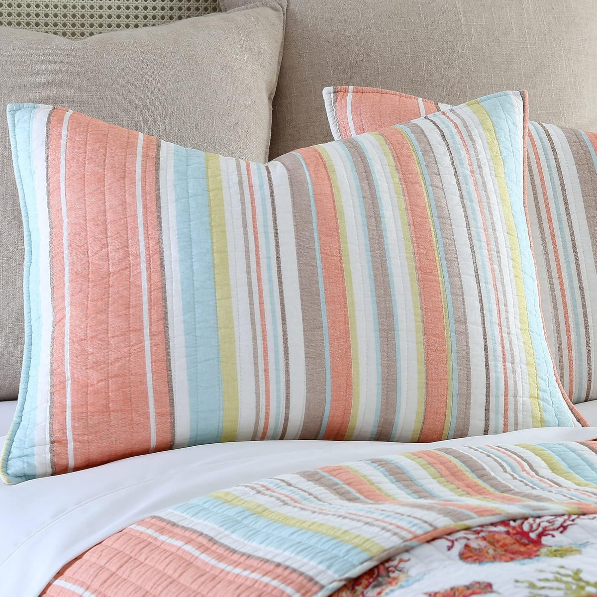 Levtex Home Brighton Coral Twin Cotton Quilt Set Stripe Coastal
