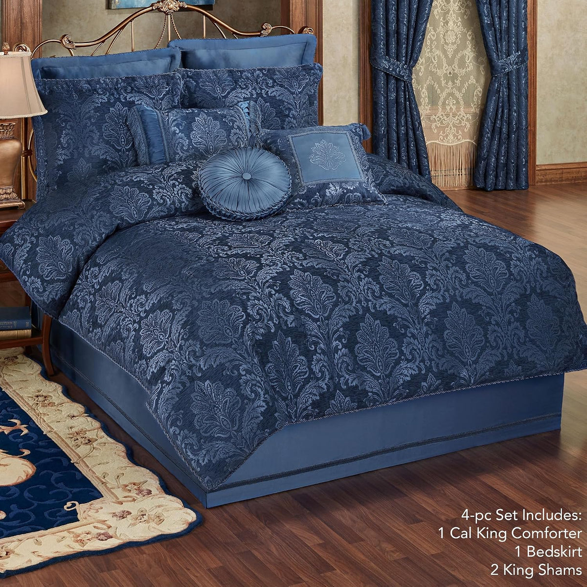 Touch of Class Camelot Luxury Bedding | Calming Navy Blue | Matte Satin Damask on Richly Textured Jacquard-Woven Chenille Design | 4 Piece Set Includes Cal King Comforter, Bedskirt, and 2 King Shams