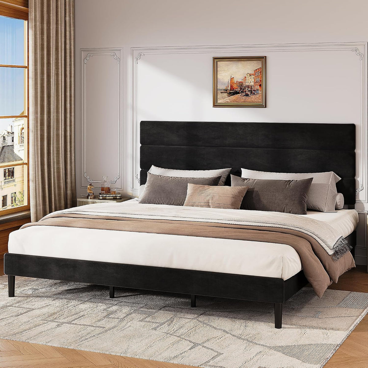 WLIVE Upholstered Bed Frame, King Size Bed Frame with Headboard, Platform Bed with Wood Slats, 1500LBS Mattress Foundation, No Box Spring Needed, Easy Assembly, Velvet Black