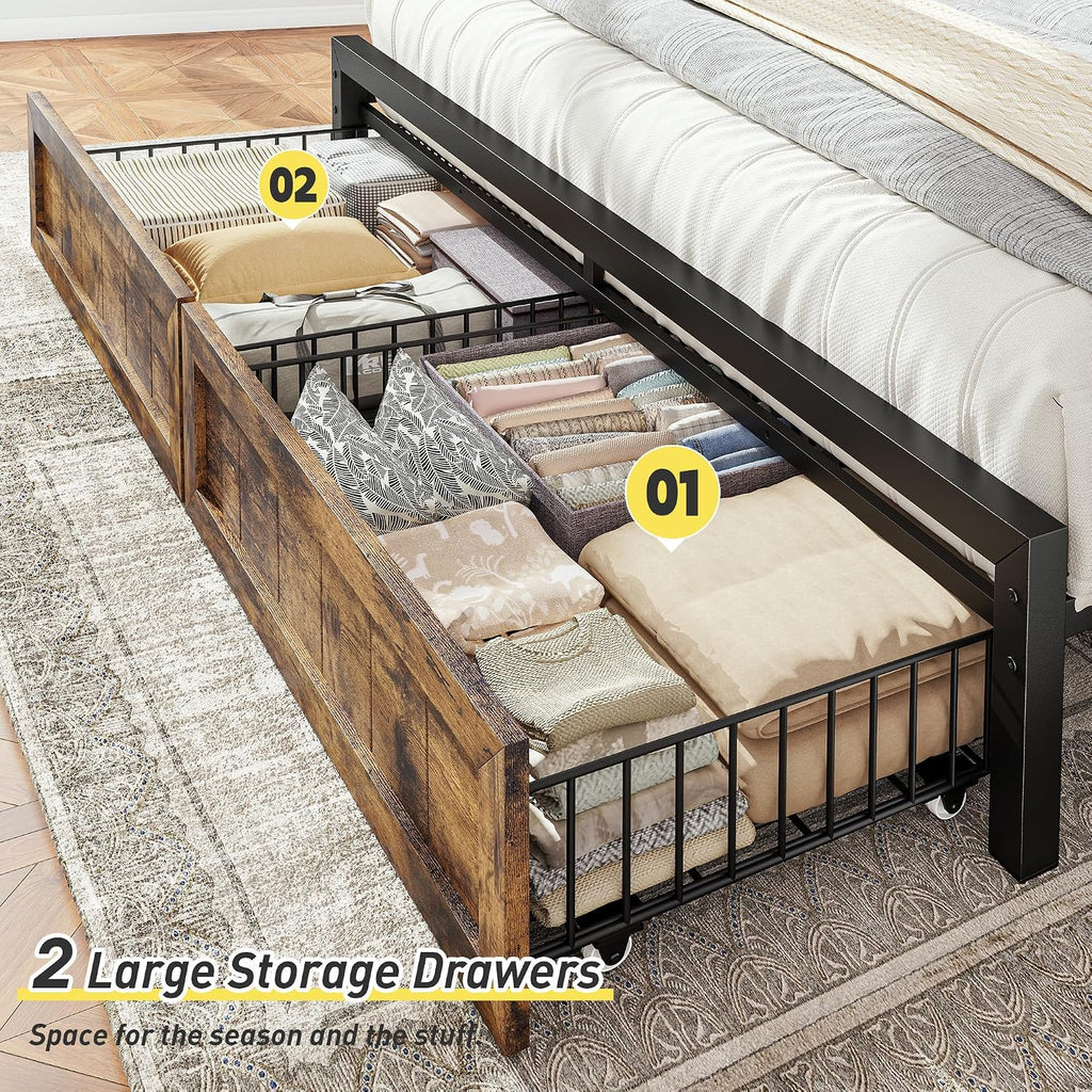 EnHomee Full Size Bed Frame with Headboard, 2 Large Drawers Platform Bed with LED Lights and Built-in Charging Station, No Box Spring Needed, Noise-Free Metal Bed for Bedroom, Brown