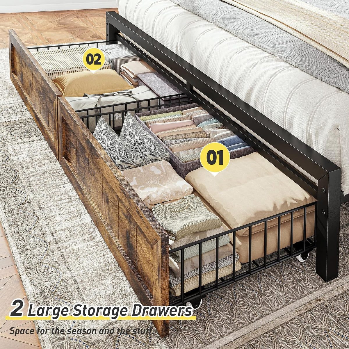 EnHomee Full Size Bed Frame with Headboard, 2 Large Drawers Platform Bed with LED Lights and Built-in Charging Station, No Box Spring Needed, Noise-Free Metal Bed for Bedroom, Brown