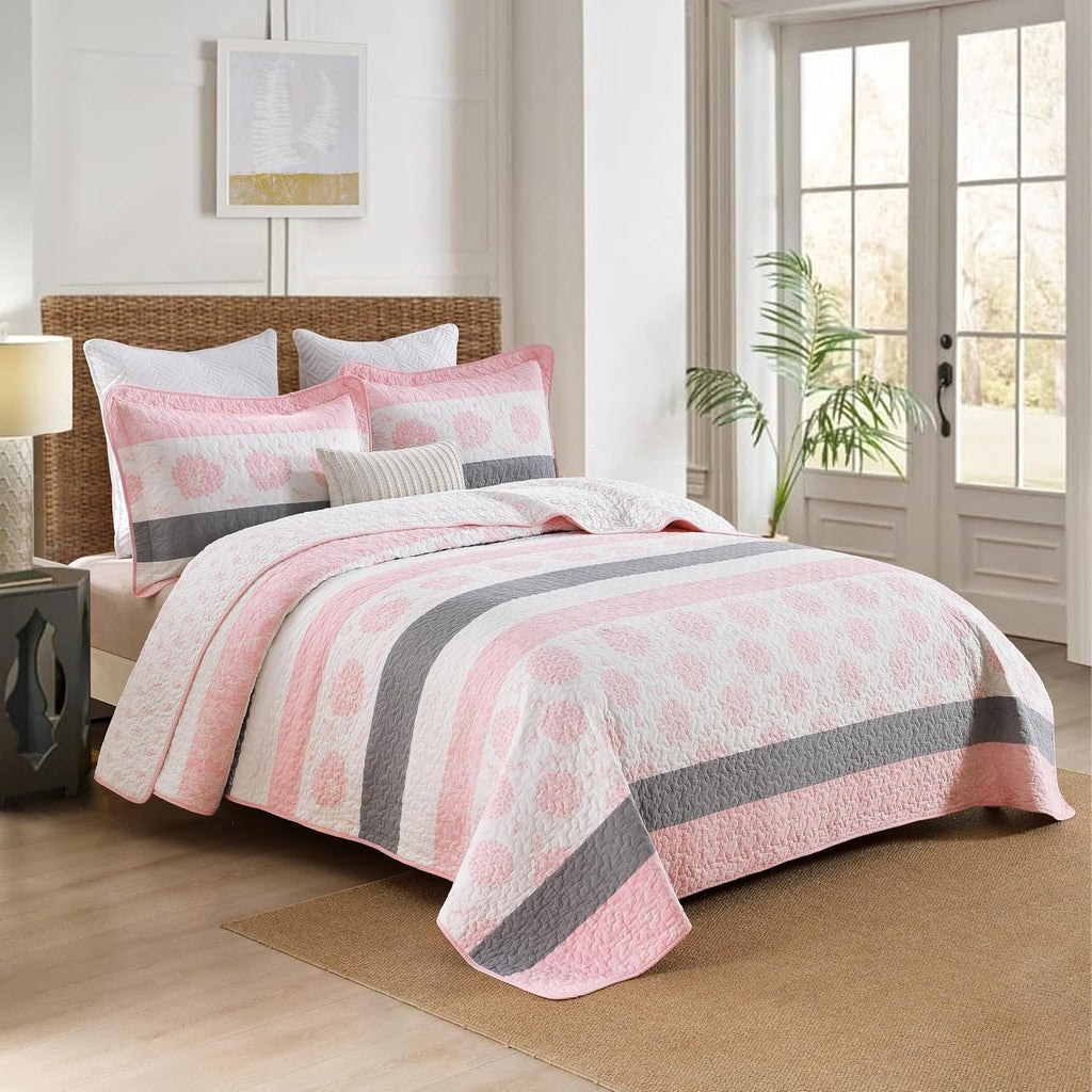 Homzard Floral Comforter King Size,Cotton King Size Quilt Sets,Pink White Grey Comforter Set,Farmhouse Striped Bedding Set,Lightweight Reversible 3 Piece Bedspread,All Season