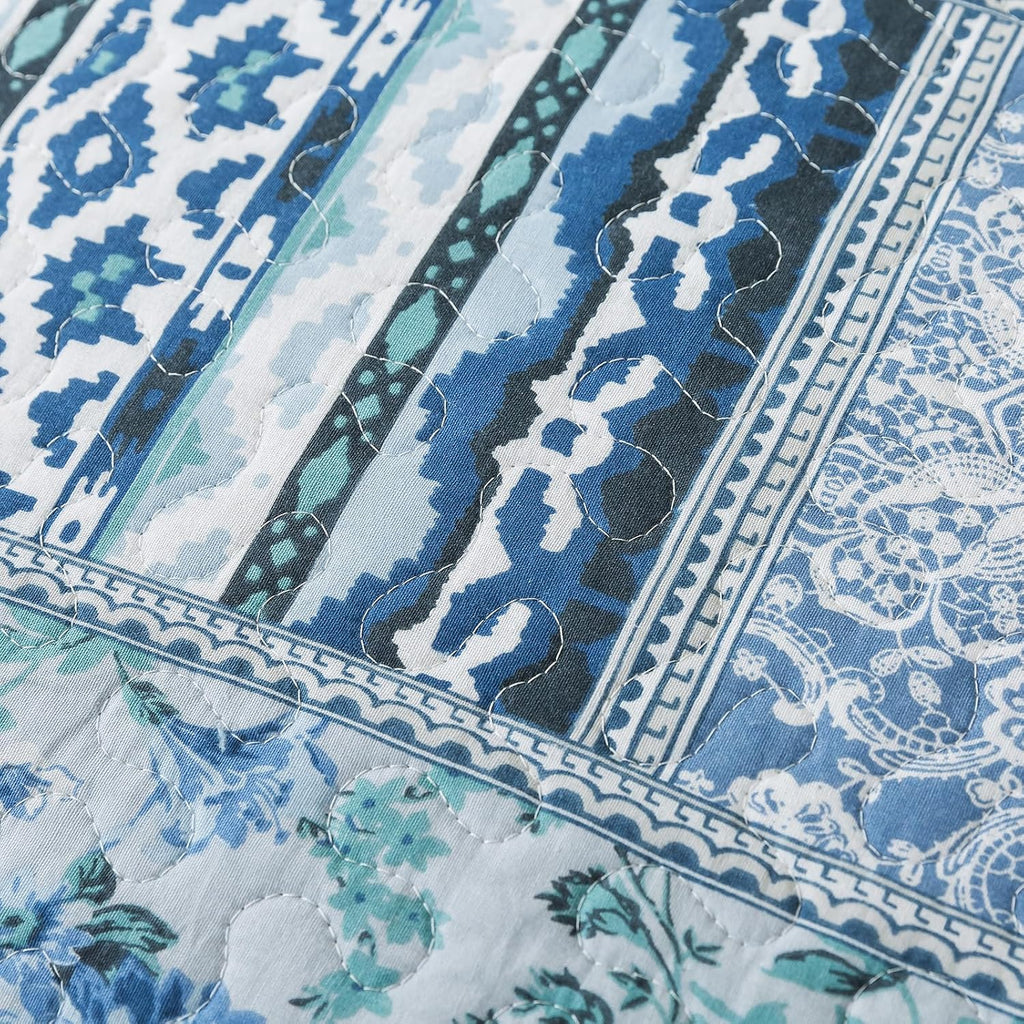 NEWLAKE Cotton Bedspread Quilt Sets-Reversible Patchwork Coverlet Set, Blue Classic Bohemian Pattern,California King Size