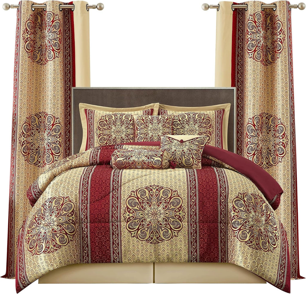 LANCO MODERN LIFESTYLE California King Comforter Set, Wine Gold Medallion Jacquard Design, Luxurious Bohemian 9 Pieces Bedding Set with Curtains, Decorative Pillows and Bed Skirt