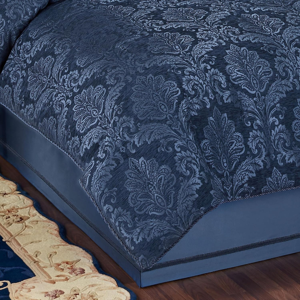 Touch of Class Camelot Luxury Bedding | Calming Navy Blue | Matte Satin Damask on Richly Textured Jacquard-Woven Chenille 4 Piece Set Includes Queen Comforter, Bedskirt, and 2 Standard Shams