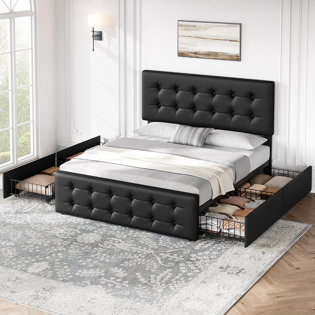 GarveeHome Full Size Bed Frame with 4 Storage Drawers and Headboard, Faux Leather Upholstered Platform Bed Frame with Wooden Slats Support, Button Tufted Design, No Box Spring Needed, Black
