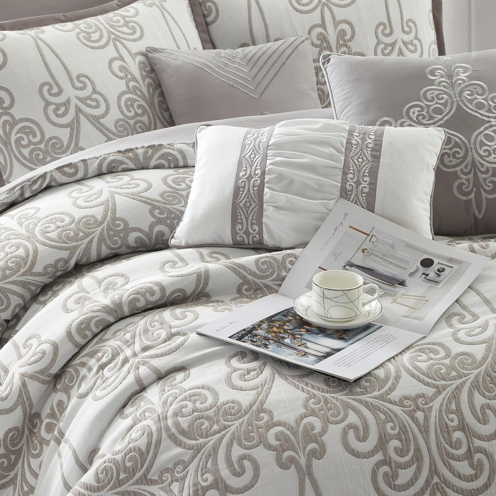 Stratford Park Smoke Grey Comforter Set King Size, 9 Piece Jacquard Floral Bedding Set, All Season, Ultra-Soft, Matching Pillows & Shams, Bed Skirt