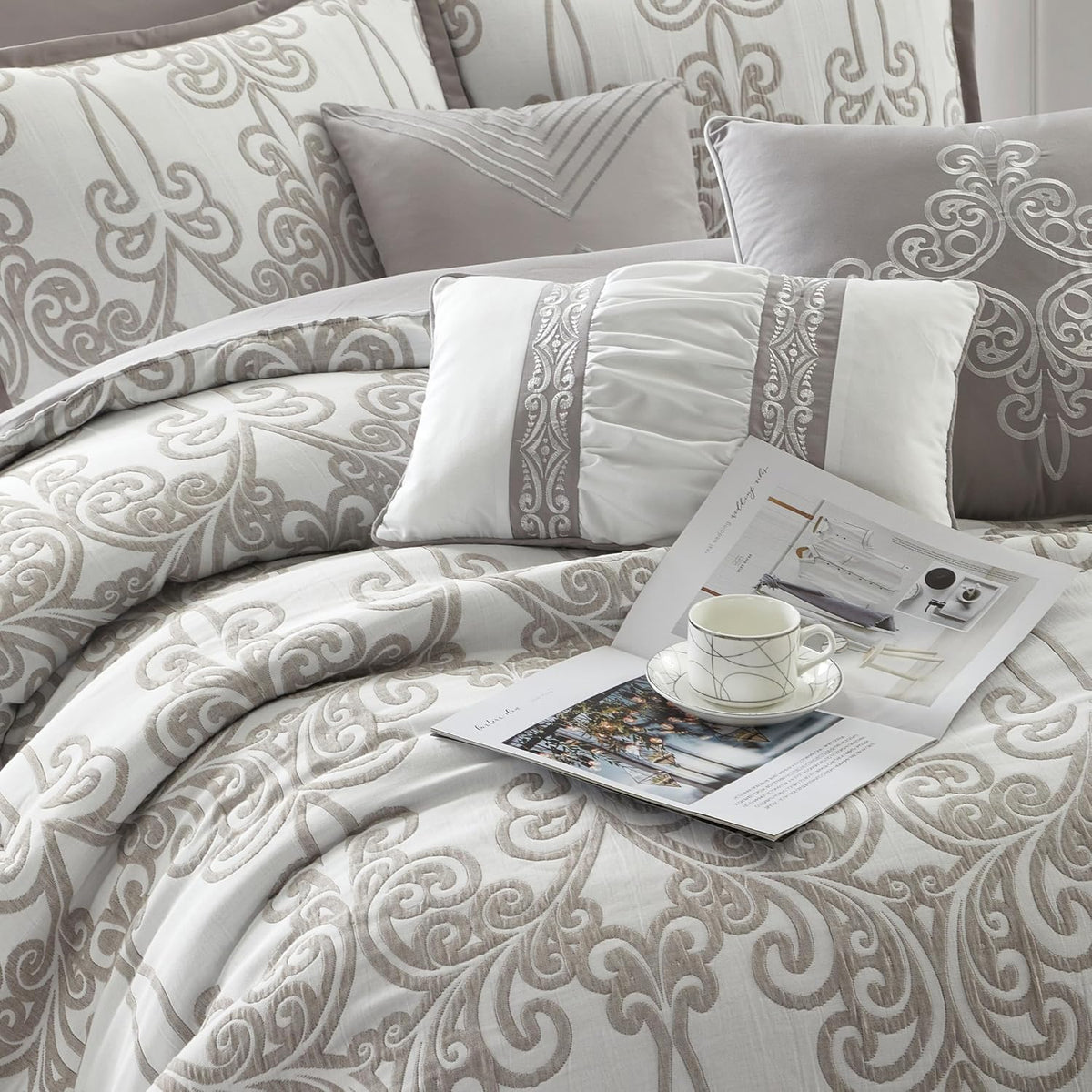 Stratford Park Smoke Grey Comforter Set King Size, 9 Piece Jacquard Floral Bedding Set, All Season, Ultra-Soft, Matching Pillows & Shams, Bed Skirt