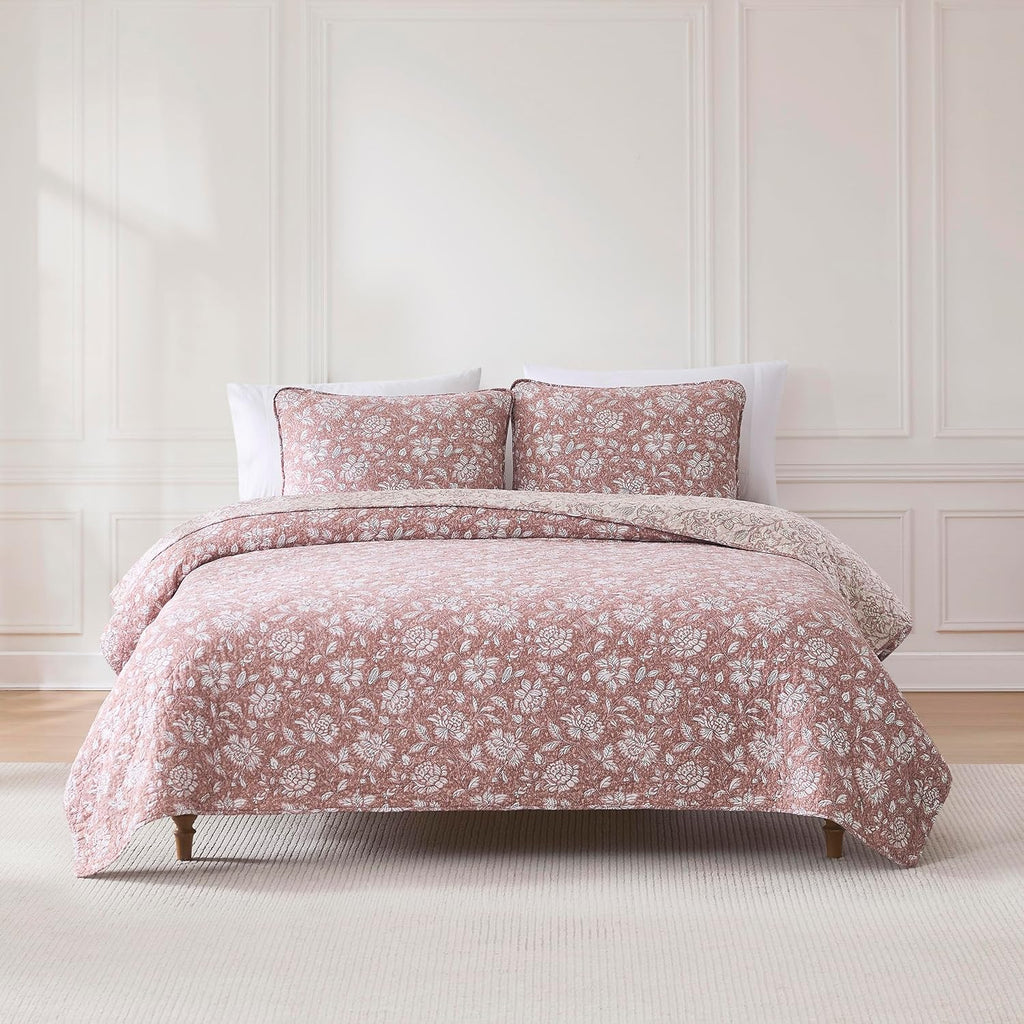 Lush Decor Zara Floral Block Reversible Cotton Quilt 3 Piece Set King/Cal King Terracotta - Floral Bedding Set - Block Print Quilt - Vintage Coquette Decor