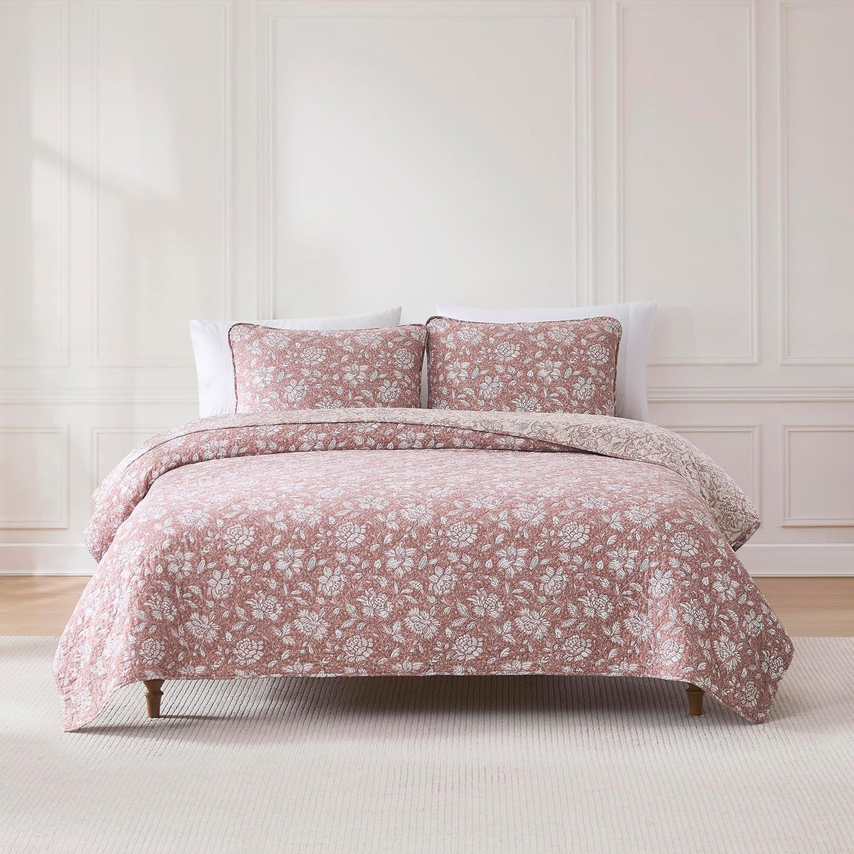 Lush Decor Zara Floral Block Reversible Cotton Quilt 3 Piece Set King/Cal King Terracotta - Floral Bedding Set - Block Print Quilt - Vintage Coquette Decor