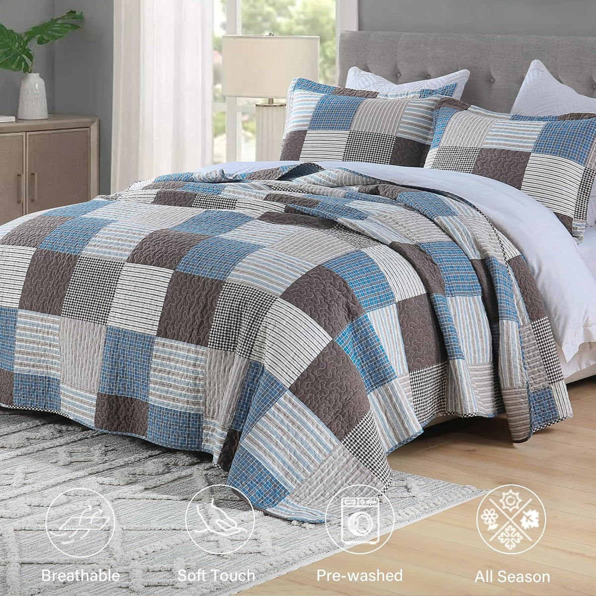 Finlonte Quilt King Size - 100% Cotton Plaid King Size Comforter Set Farmhouse Modern Quilt Bedding Set, Reversible Lightweight Soft Bedspread, Blue Brown Quilted Coverlet All-Season, 3-Piece