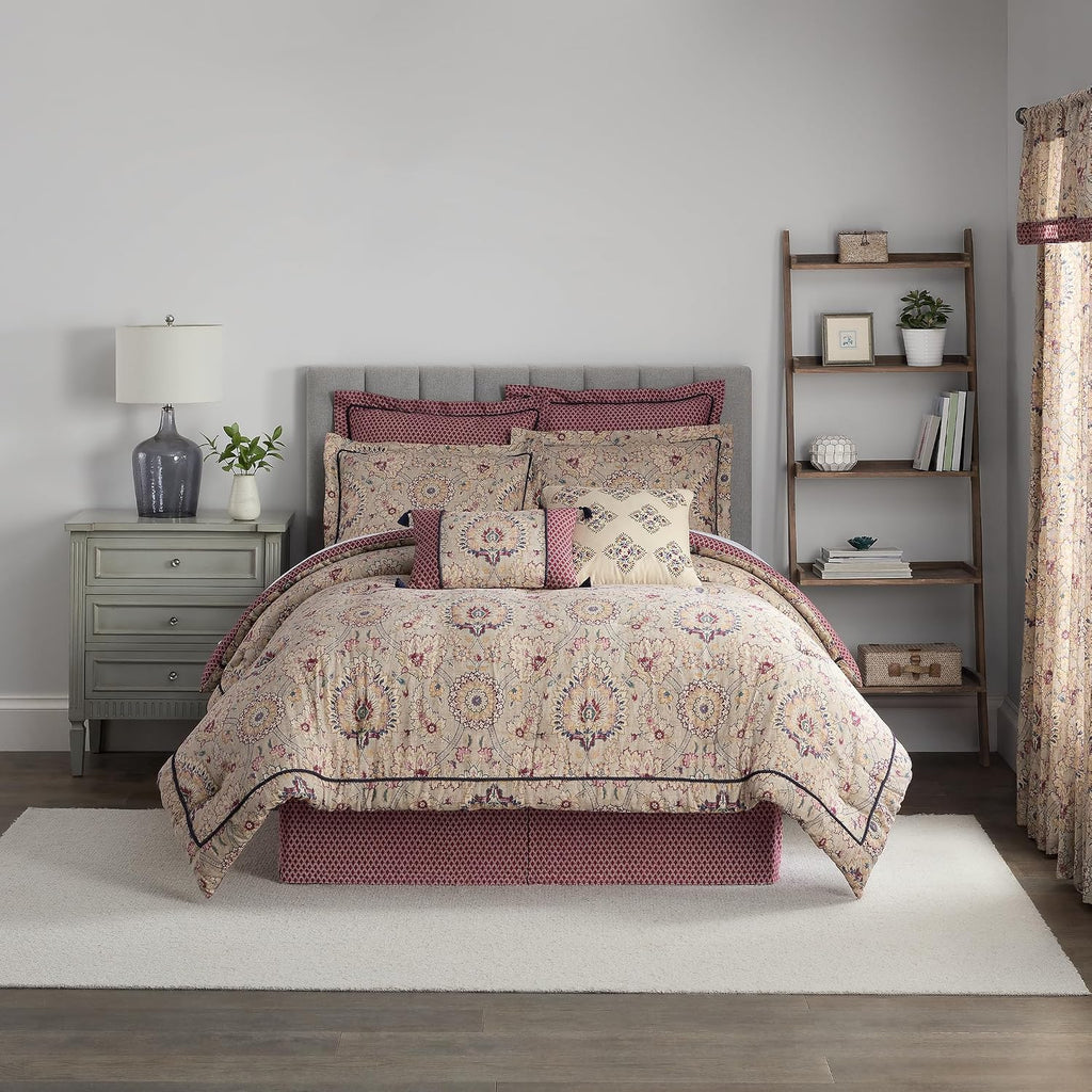 Waverly Oxford Damask 4 Piece Cotton Comforter Set, Embellished All Season Bedding, Includes One Comforter, One Bed Skirt and Two Pillow Shams, Machine Washable Queen Bed Set, Beige & Maroon