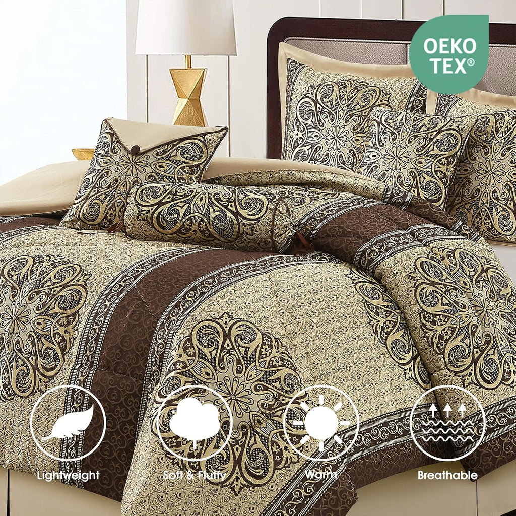 LANCO MODERN LIFESTYLE King Size Comforter Set, Brown Medallion Jacquard Design, Luxurious Bohemian 7 Pieces Bedding Set with Decorative Pillows and Bed Skirt