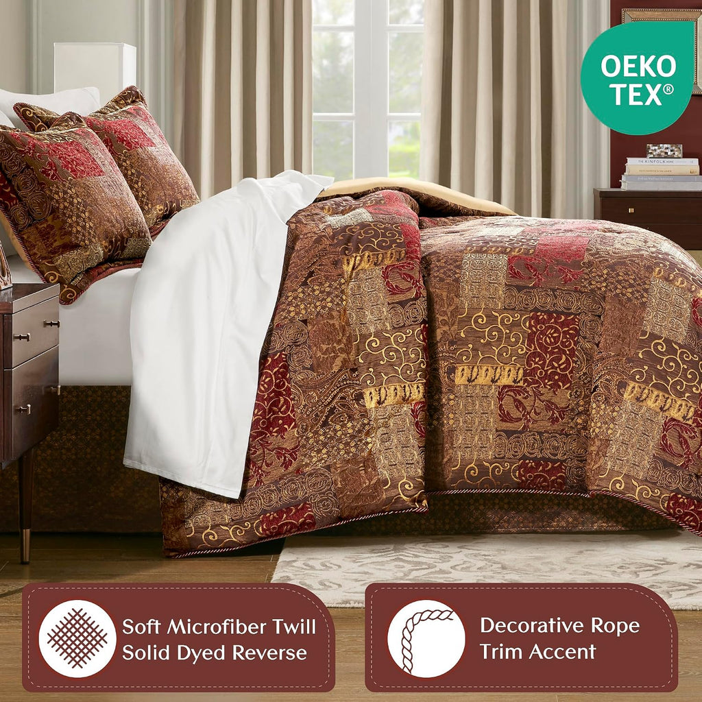 Croscill Classics King Comforter Set, Luxe Chenille Jacquard Patchwork, Microfiber Twill Comforter for a King-Size Bed, Oversized Comforter King Bedding, 2 Shams & Bedskirt, Galleria, King, Red