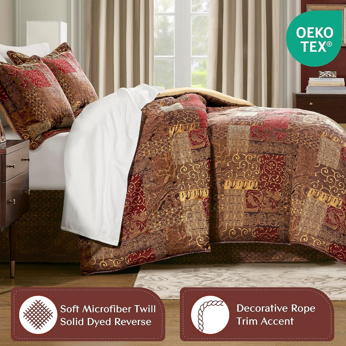 Croscill Classics King Comforter Set, Luxe Chenille Jacquard Patchwork, Microfiber Twill Comforter for a King-Size Bed, Oversized Comforter King Bedding, 2 Shams & Bedskirt, Galleria, King, Red