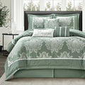 LANCO MODERN LIFESTYLE Sage King Size Comforter Set, 7 Pieces, Jacquard Woven with Damask, Bedding Set in a Bag Includes Comforter, Bed Skirt, Pillow Shams, and Decorative Pillows