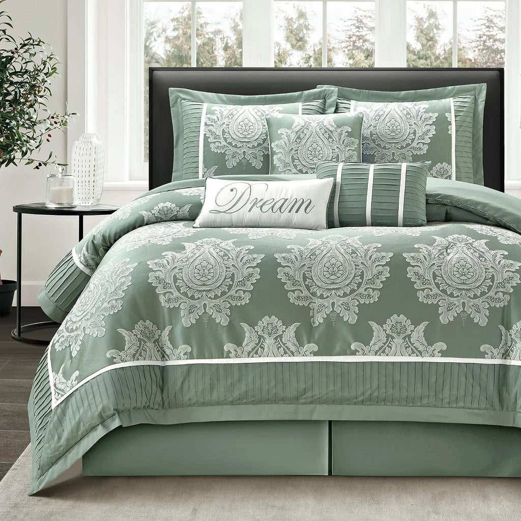 LANCO MODERN LIFESTYLE Sage California King Comforter Set 7 Pieces, Jacquard Woven with Damask, Bedding Set in a Bag Includes Comforter, Bed Skirt, Pillow Shams, and Decorative Pillows