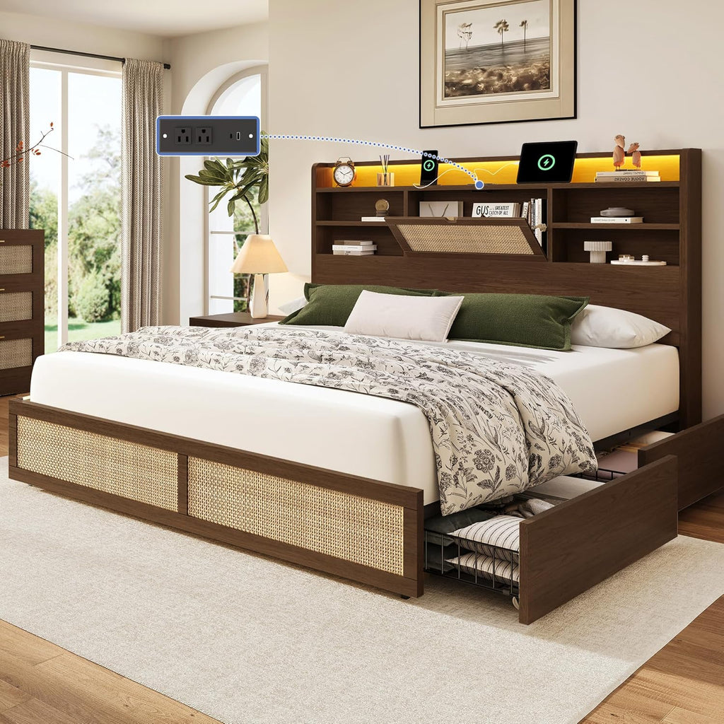 BRELTAM Queen Size Rattan Bed Frame with 4 Storage Drawers and Hidden Storage Headboard Wooden Platform Bed Frame with LED Lights and Charging Station, No Box Spring Needed, Easy Assembly, Brown