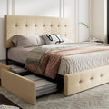 MUTICOR King Size Bed Frame with 4 Storage Drawers, Upholstered Platform Bed with Button Tufted Adjustable Headboard, No Box Spring Needed, Easy Assembly, Square Tufted, Beige Fabric