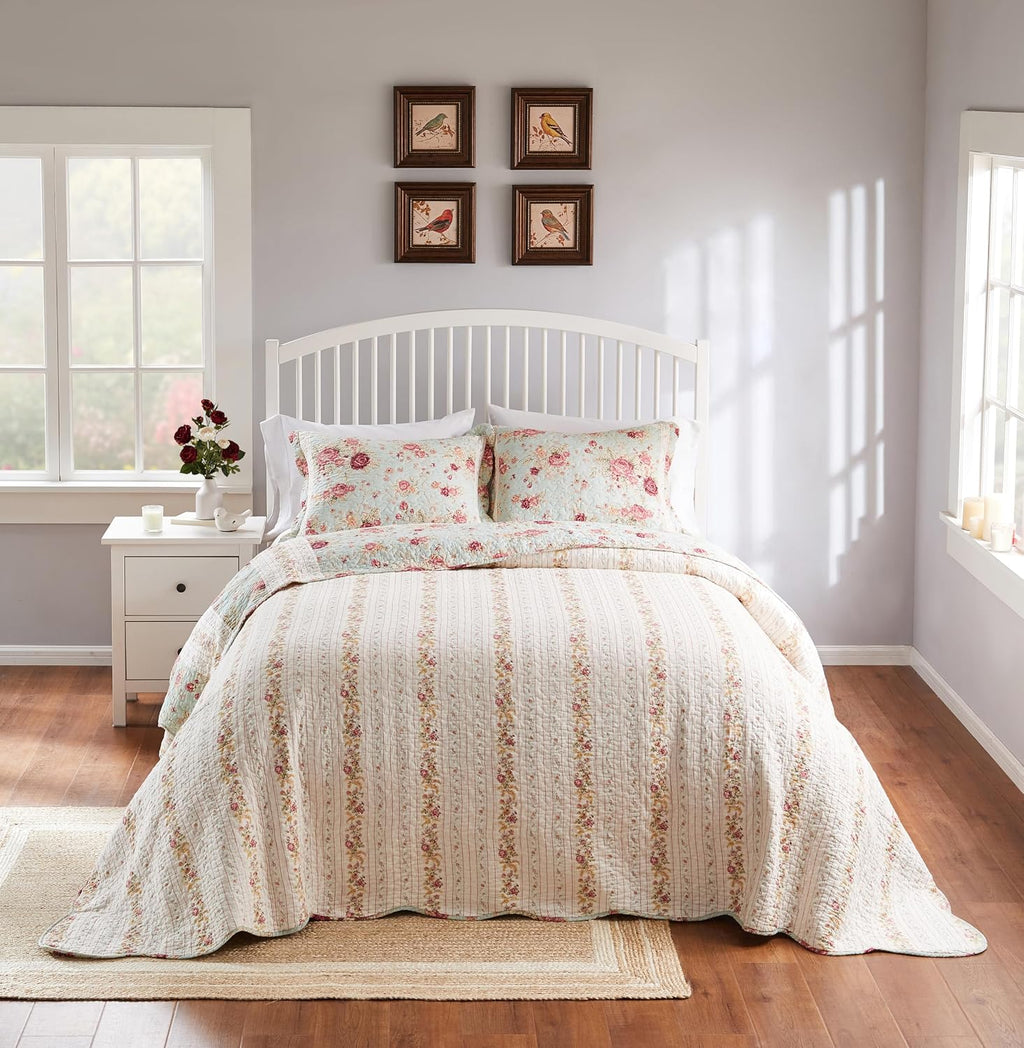 Greenland Home Antique Rose Jumbo Oversized 100% Cotton Bedding Set, Bedspread 110 W x 118 L with 2 Shams 20 W x 26 L Each, Queen (3 Piece), Blue