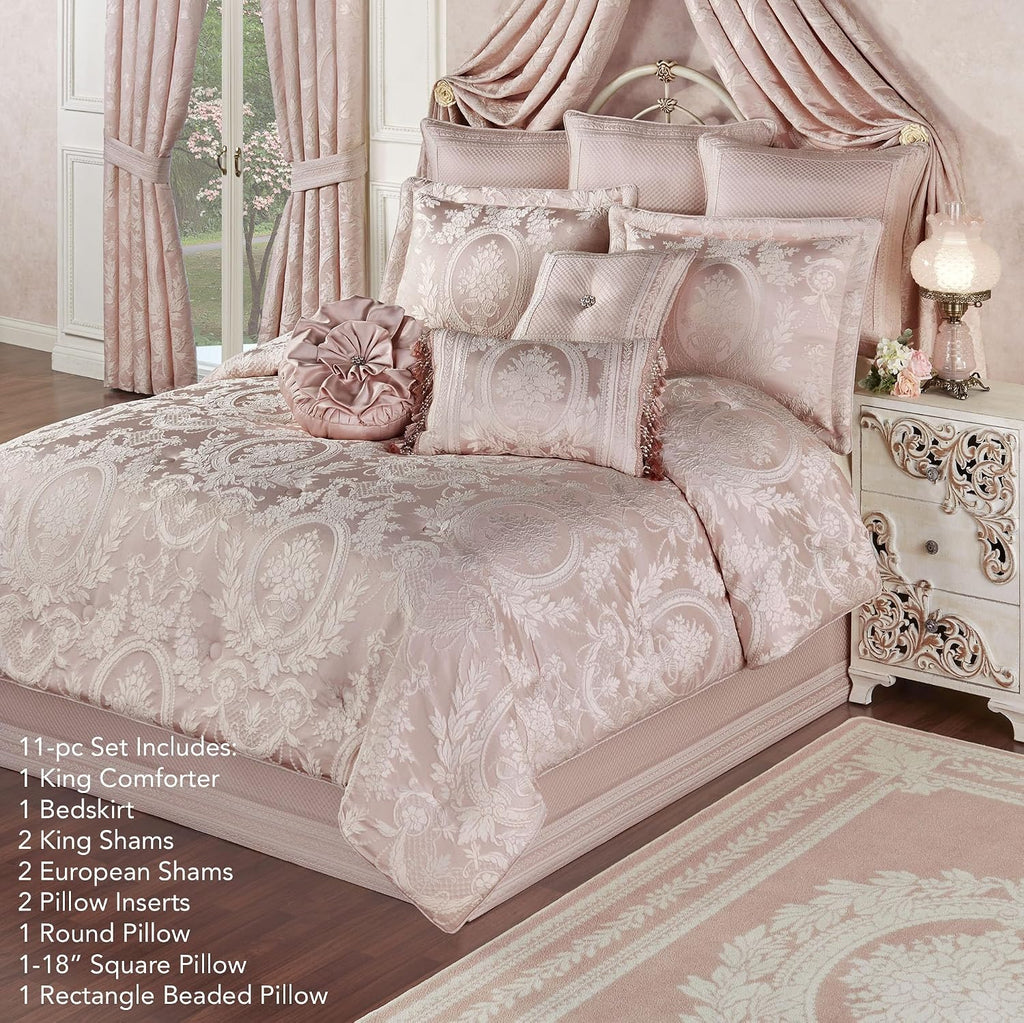 Marquessa Luxury Bedding | Soft Pearl and Pastel Blush Pink | Puff Jacquard-Woven | 11 Pc Bed Set: Cal King Comforter, Bedskirt, 2 King Shams, 2 Euro Shams, 2 Euro Pillow Inserts, and 3 Accent Pillows