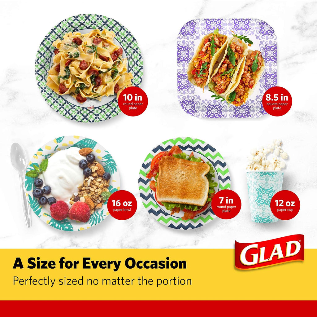 Glad Square Heavy Duty Paper Plates, Soak Proof and Cut Proof Disposable Plates for Parties and Everyday Meals, Microwaveable for Easy Serving, Blue Victorian Pattern, 10 Inch, 50 Count - 12 Pack