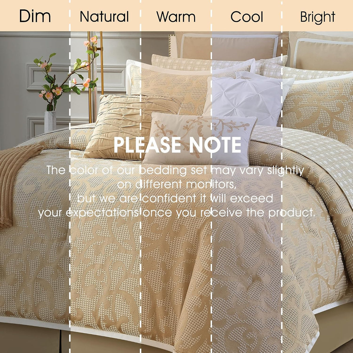 LANCO MODERN LIFESTYLE Taupe Queen Comforter Set, Classic Jacquard Floral 14 Pieces Bedding Set, Ultra Soft for All Seasons, Sheets, Bedskirt, Throw, Matching Shams and Decor Pillows