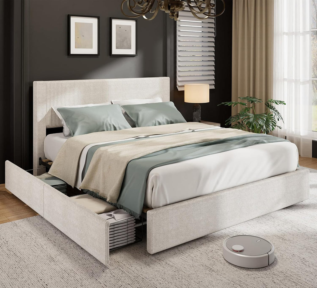 Garvee Corduroy Bed Frame with Headboard, Platform Upholstered King Size Bed Frame with 4 Storage Drawers and Wooden Slats Support, No Box Spring Needed, Beige