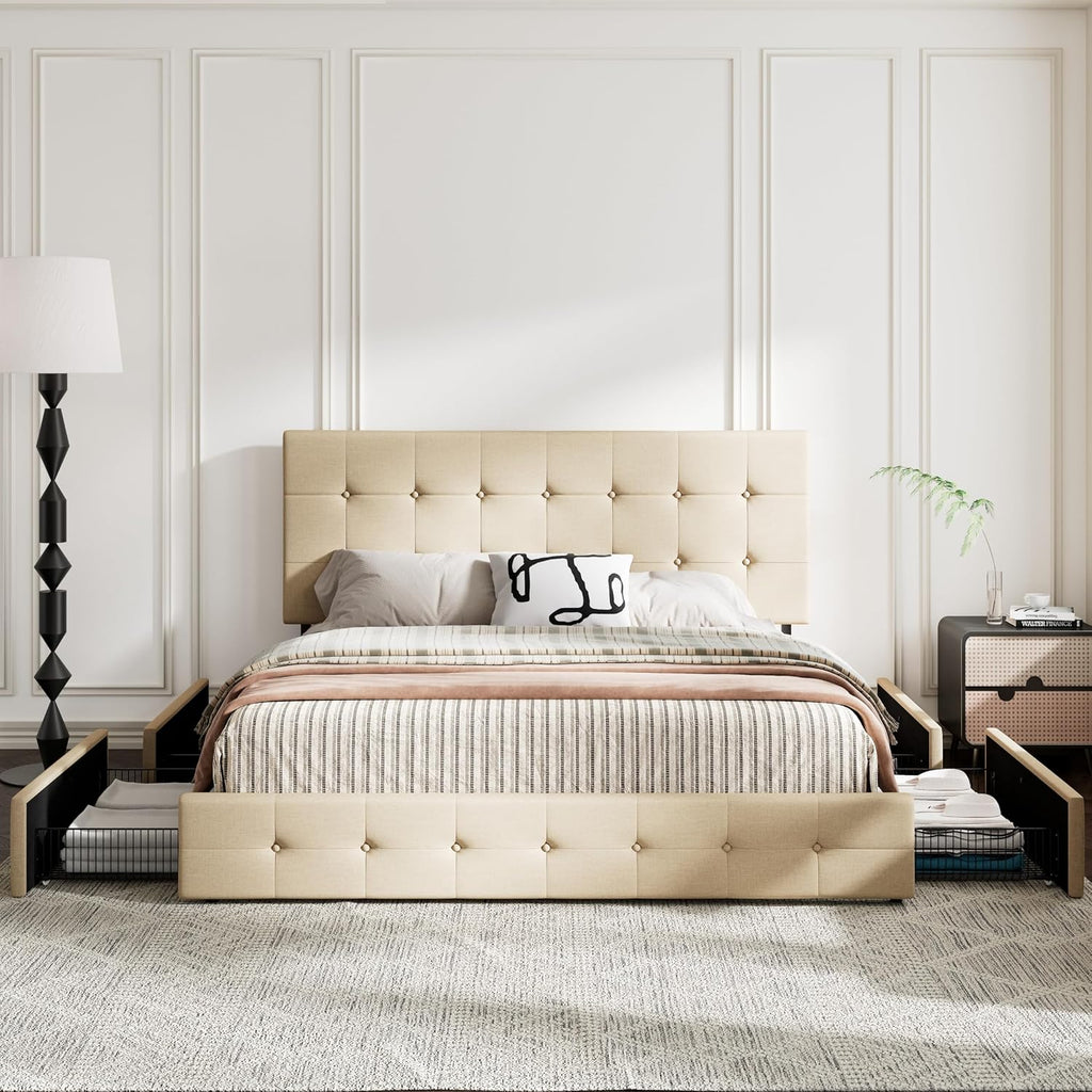 MUTICOR King Size Bed Frame with 4 Storage Drawers, Upholstered Platform Bed with Button Tufted Adjustable Headboard, No Box Spring Needed, Easy Assembly, Square Tufted, Beige Fabric