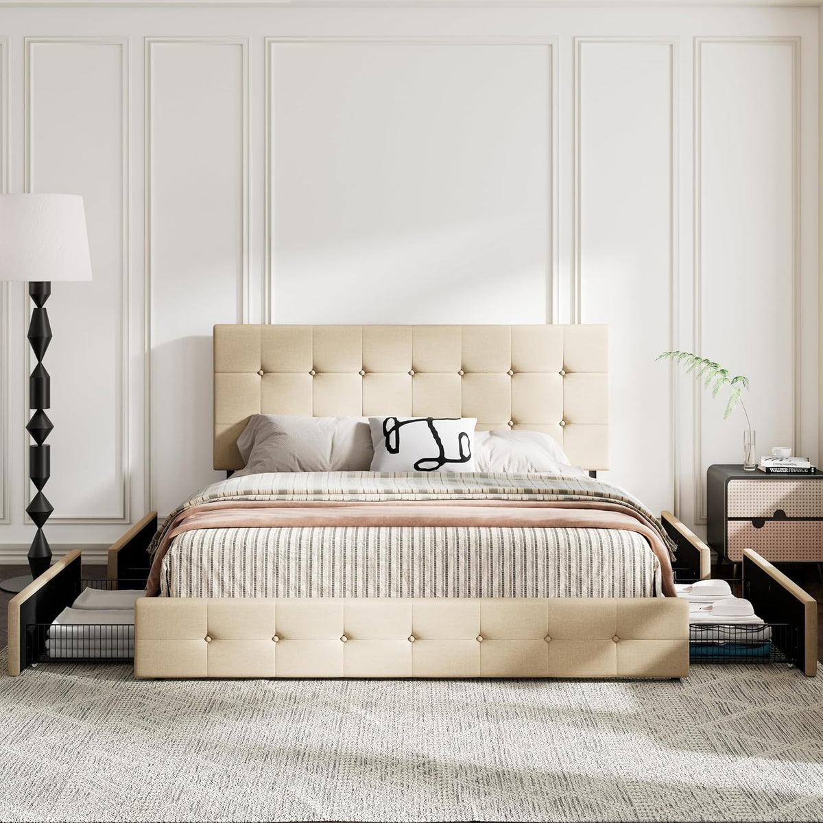 MUTICOR King Size Bed Frame with 4 Storage Drawers, Upholstered Platform Bed with Button Tufted Adjustable Headboard, No Box Spring Needed, Easy Assembly, Square Tufted, Beige Fabric