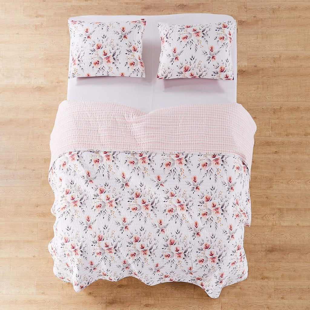 Levtex Home - Adeline Quilt Set - King Quilt and Two King Shams - Floral - Blush Pink and Grey - Quilt (102x86in.) and Shams (20x36in.) - Reversible - Polyester