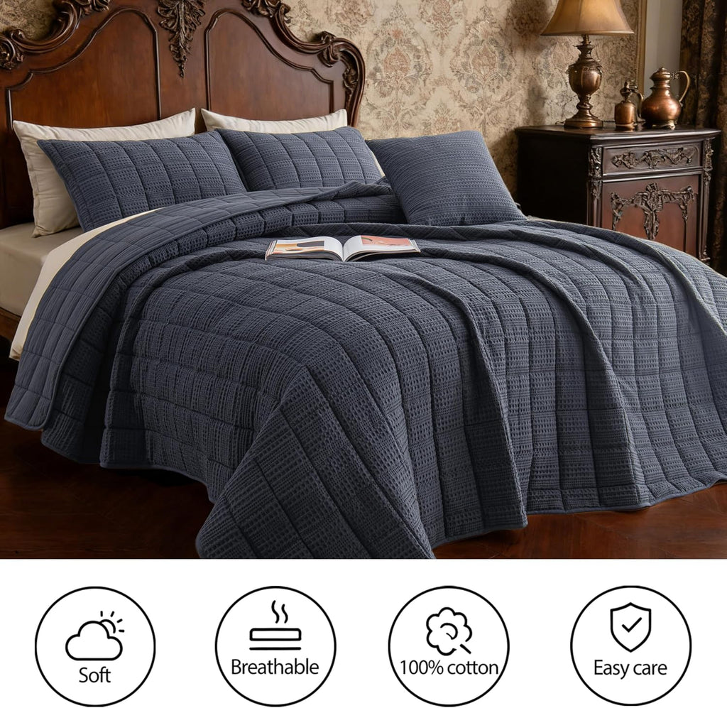 120x128 Cotton Quilt Bedding Set Oversized King Size Quilted Bedspread Sets with 2 Shams,3 Pieces Lightweight Soft Bedding Sets for All Season,Gray Blue