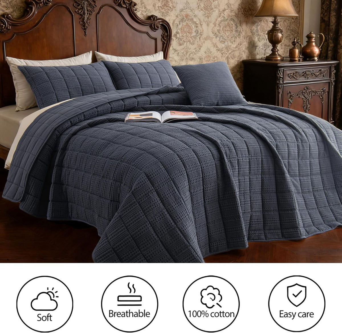 120x128 Cotton Quilt Bedding Set Oversized King Size Quilted Bedspread Sets with 2 Shams,3 Pieces Lightweight Soft Bedding Sets for All Season,Gray Blue