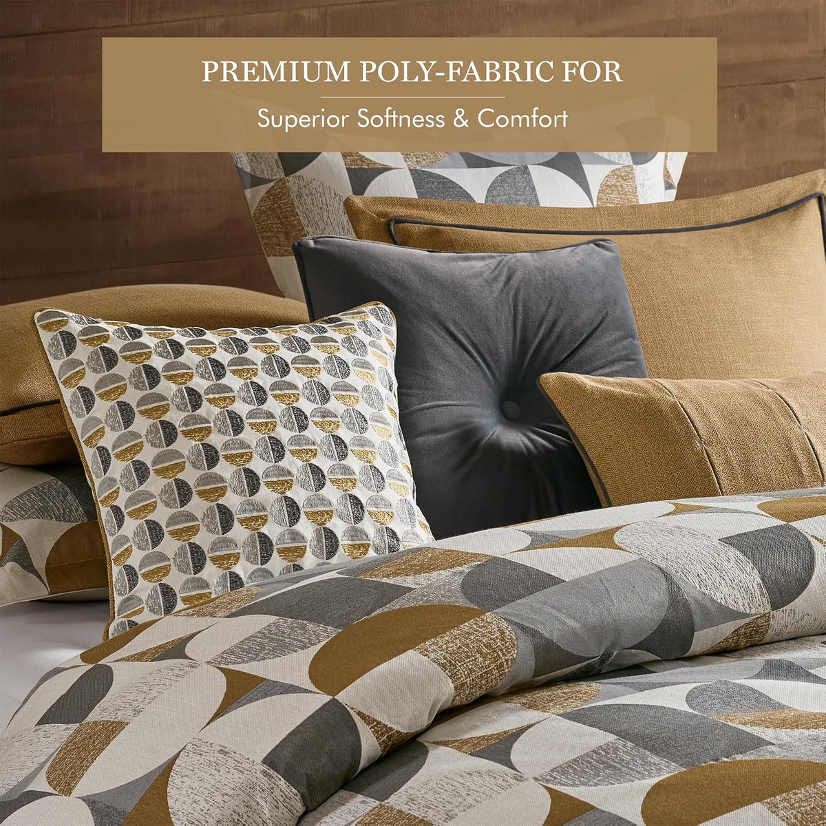 Madison Park Queen Comforter Set Jacquard Scandinavian Geometric Oversized Comforters Queen Size Bed, All Season Bedding Queen Size Comforter, Shams, Pillows, Cirque, Queen Gold 8 Piece