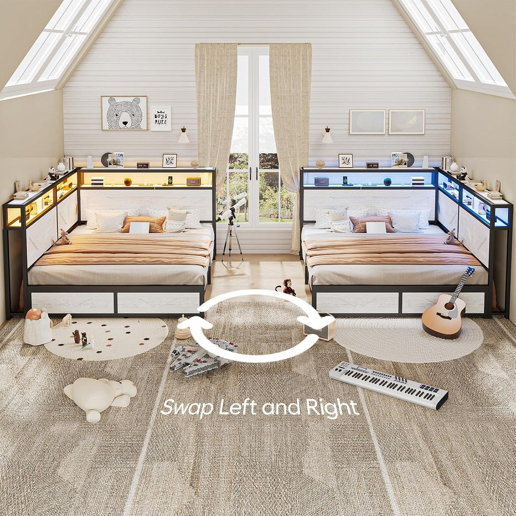 CIKUNASI Corner Full Size Bed Frame with Headboard and Storage Farmhouse Daybed Frame with LED Lights and Charging Station Metal Platform Bed Frame Full Size for Kids Corner Bed