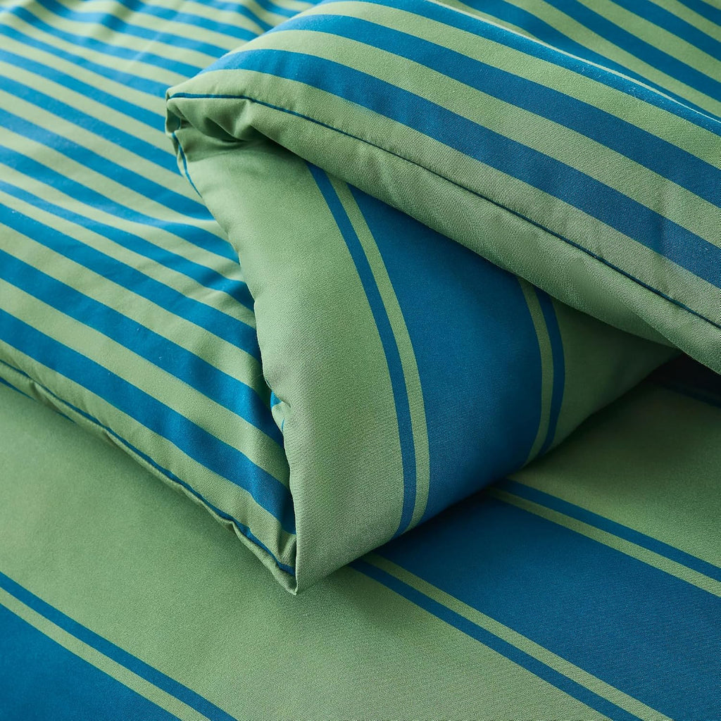 Lush Decor Gale Cabana Stripe? Reversible Comforter 3 Piece Set Full/Queen Blue & Sage - Striped Bedding Set - Green Comforter - Modern Coastal Decor