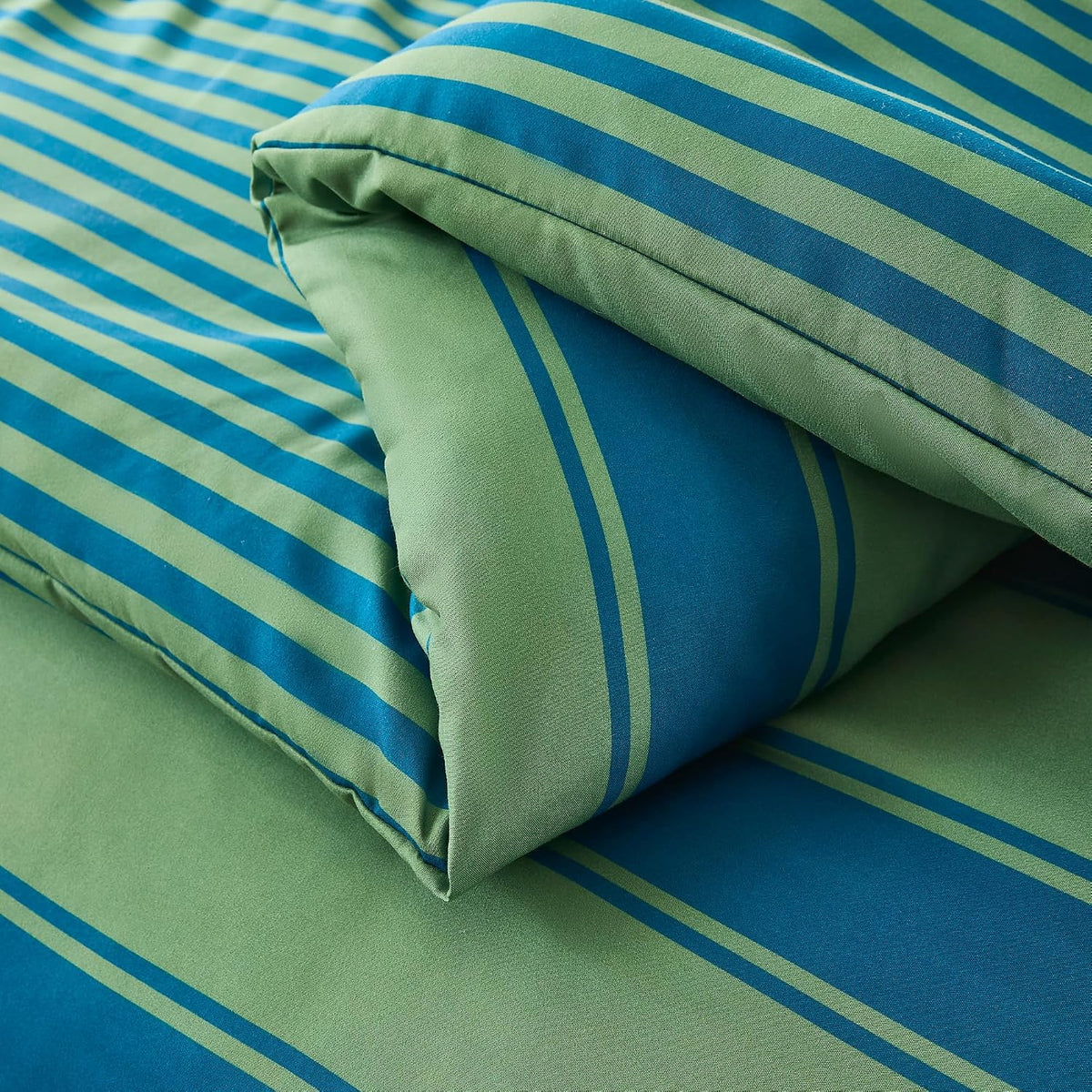 Lush Decor Gale Cabana Stripe? Reversible Comforter 3 Piece Set Full/Queen Blue & Sage - Striped Bedding Set - Green Comforter - Modern Coastal Decor